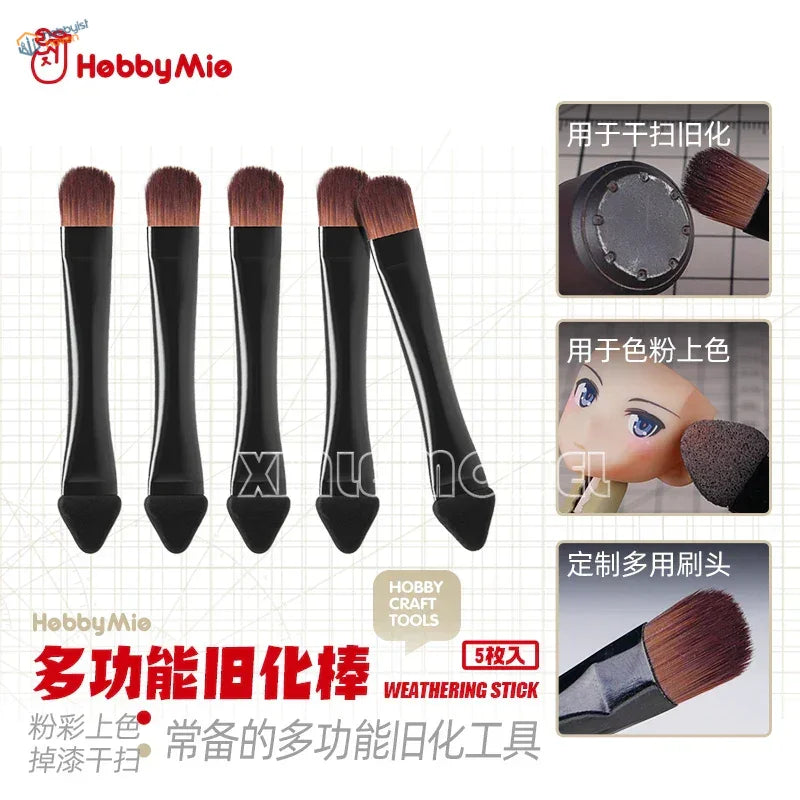5pcs Hobby Mio double-headed weathering brushes with black handles and brown bristles