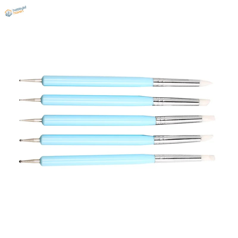 5pcs set double ended light blue nail art brushes with silver tips