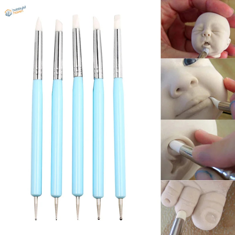 5pcs set double ended sculpting tools, light blue handles, silver tips