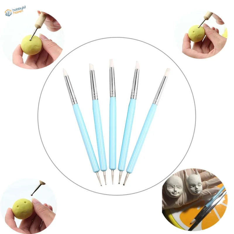 5pcs set double ended sculpting tools, light blue handles, silver tips