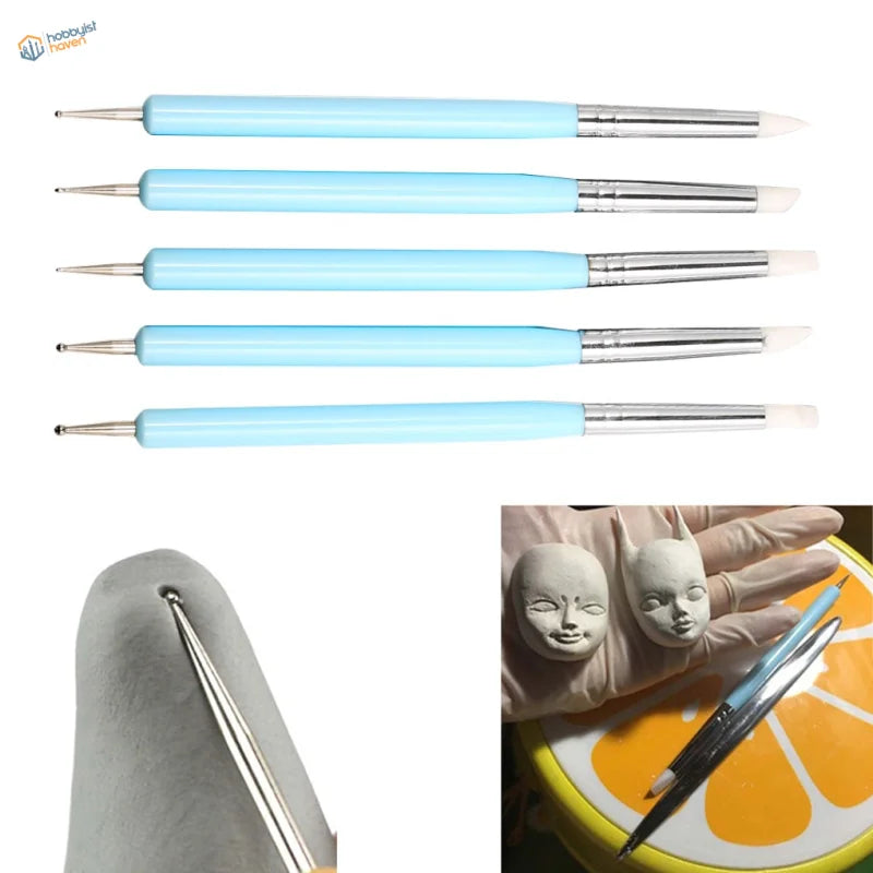 5pcs double ended sculpting tools set in light blue with clay use close-up