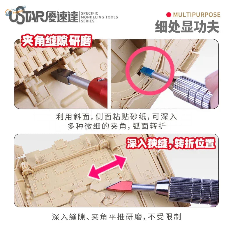 UStar beveled sanding tool smoothing beige plastic model tank panel lines