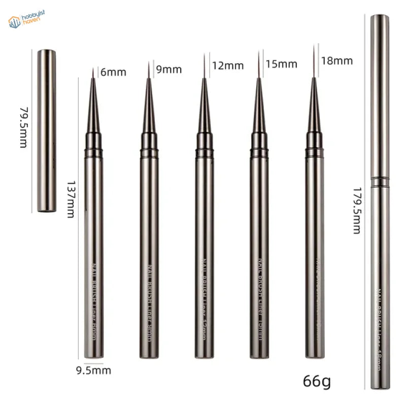 Ultra-fine liner brushes with dimensions: 5 tip sizes from 6mm to 18mm, 137mm handles