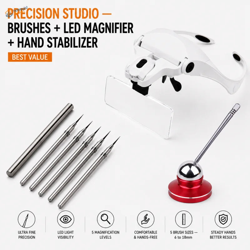 Precision Studio bundle: 5 ultra-fine liner brushes, LED headband magnifier and precision hand stabilizer