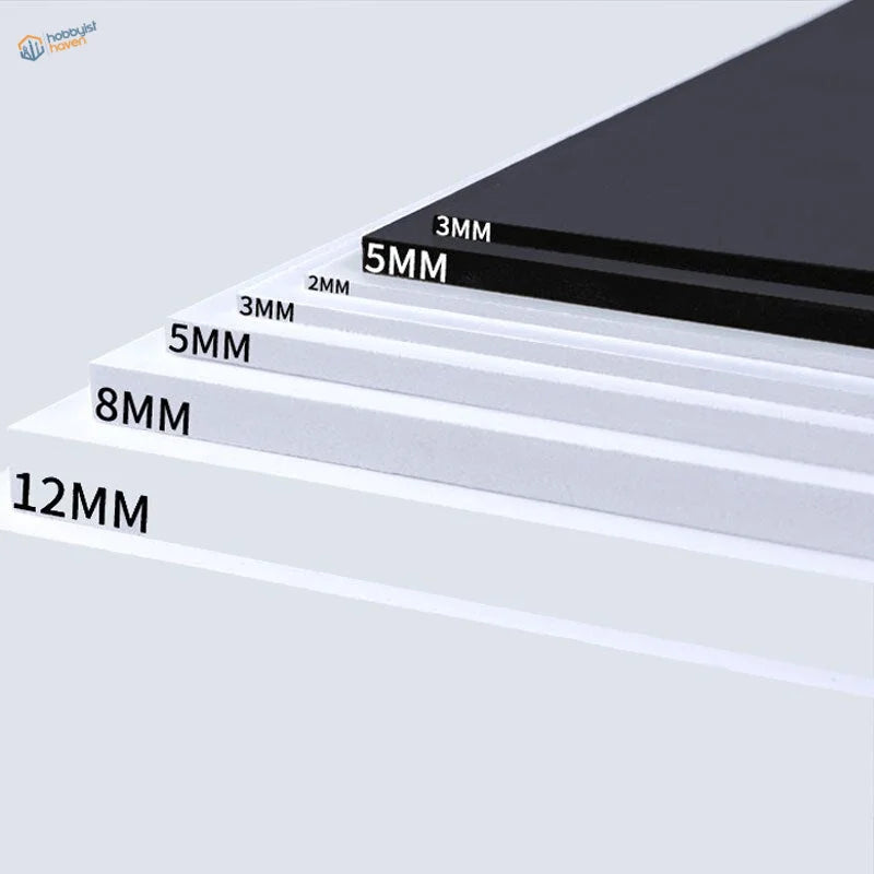 Stacked translucent styrene sheets for scale modeling, labeled thicknesses