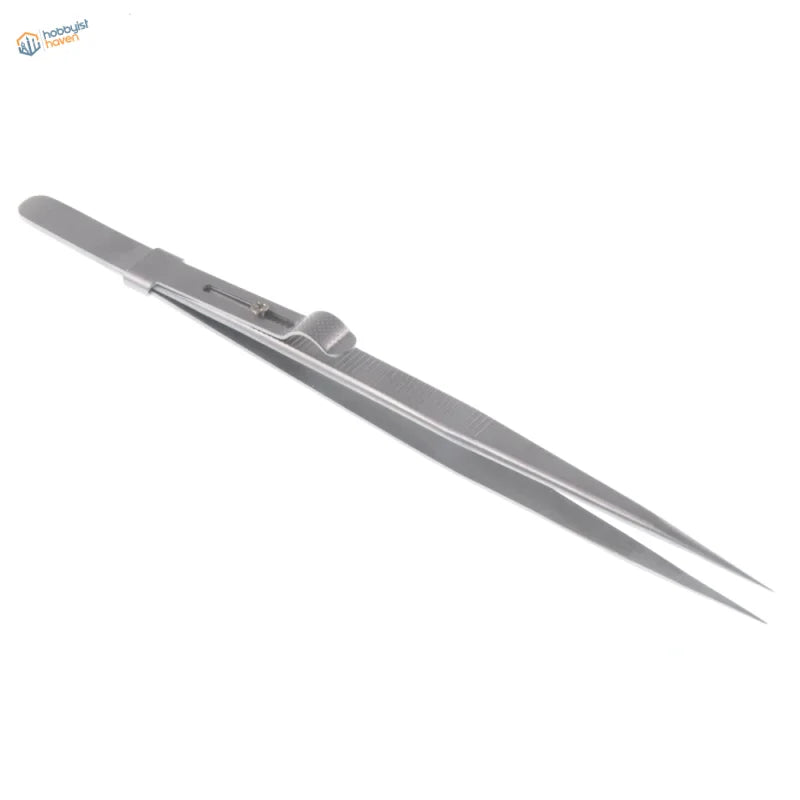 6-inch anti static precision lock tweezers with silver metallic finish