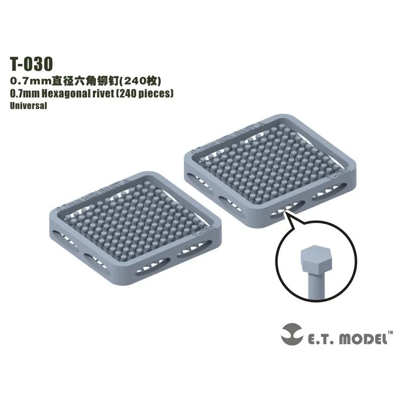 240 precision 0.7mm hexagonal screws in gray trays, model T-030 by E.T