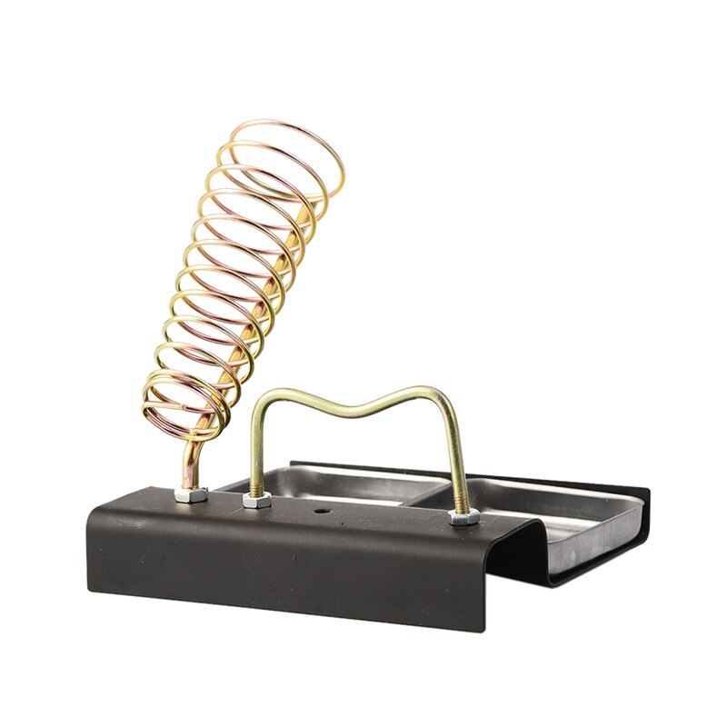 Gold soldering iron support station with black base and silver tray