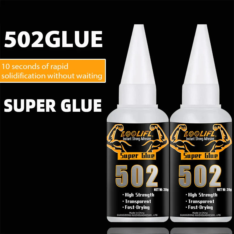 Two white plastic bottles of 502 super glue with black and gold labels containing 20g transparent adhesive for scale modeling tools