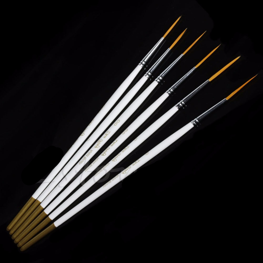 6pcs ultra-fine liner nylon brushes with white handles and precision hobby tips