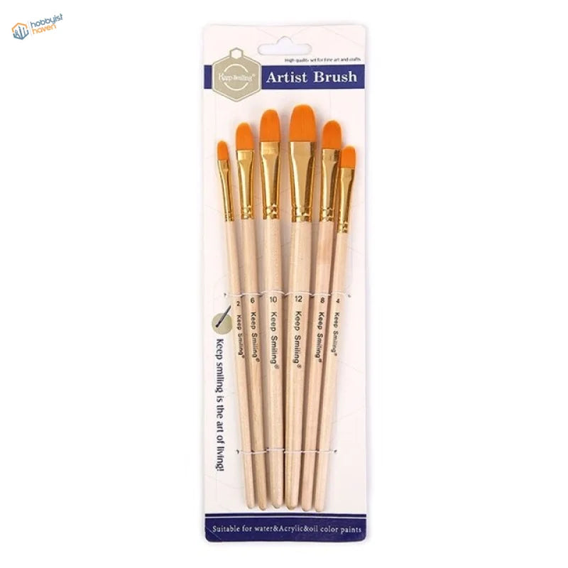 Set of 7 synthetic brushes set with wooden handles, gold ferrules, orange bristles