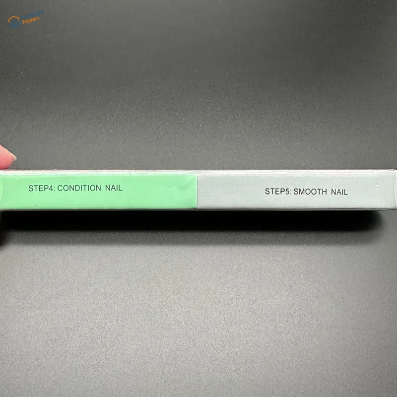 A sleek mint green and white 7-sided polishing rod with step instructions to remove mold lines and smooth nails