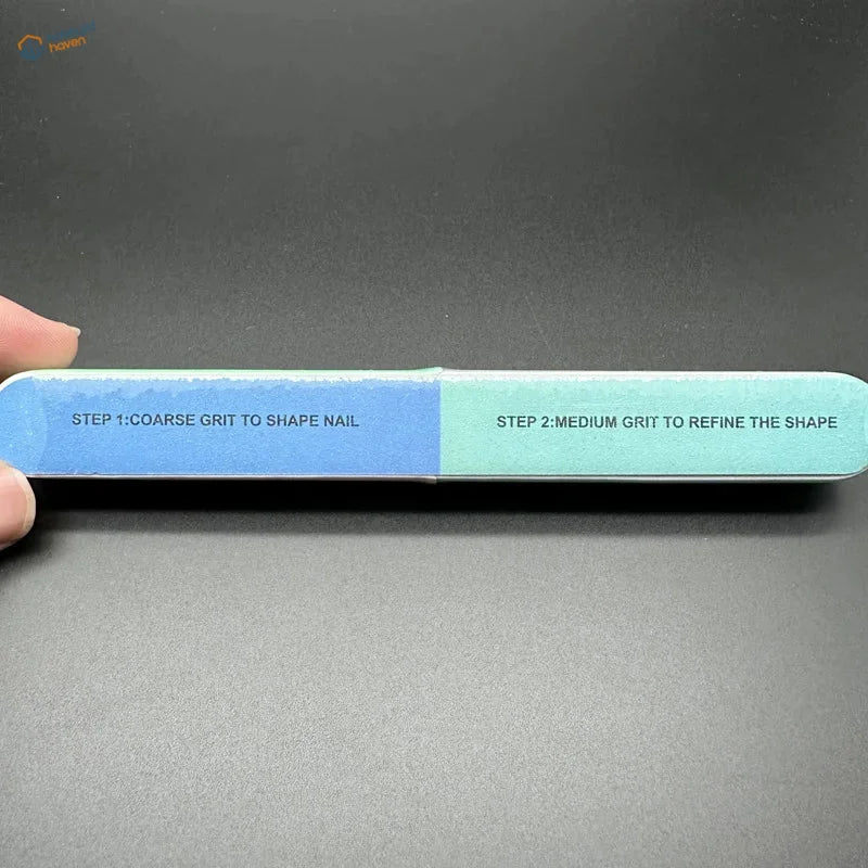 A two-sided 7-sided polishing rod with blue coarse grit and light green medium grit to remove mold lines and shape nails