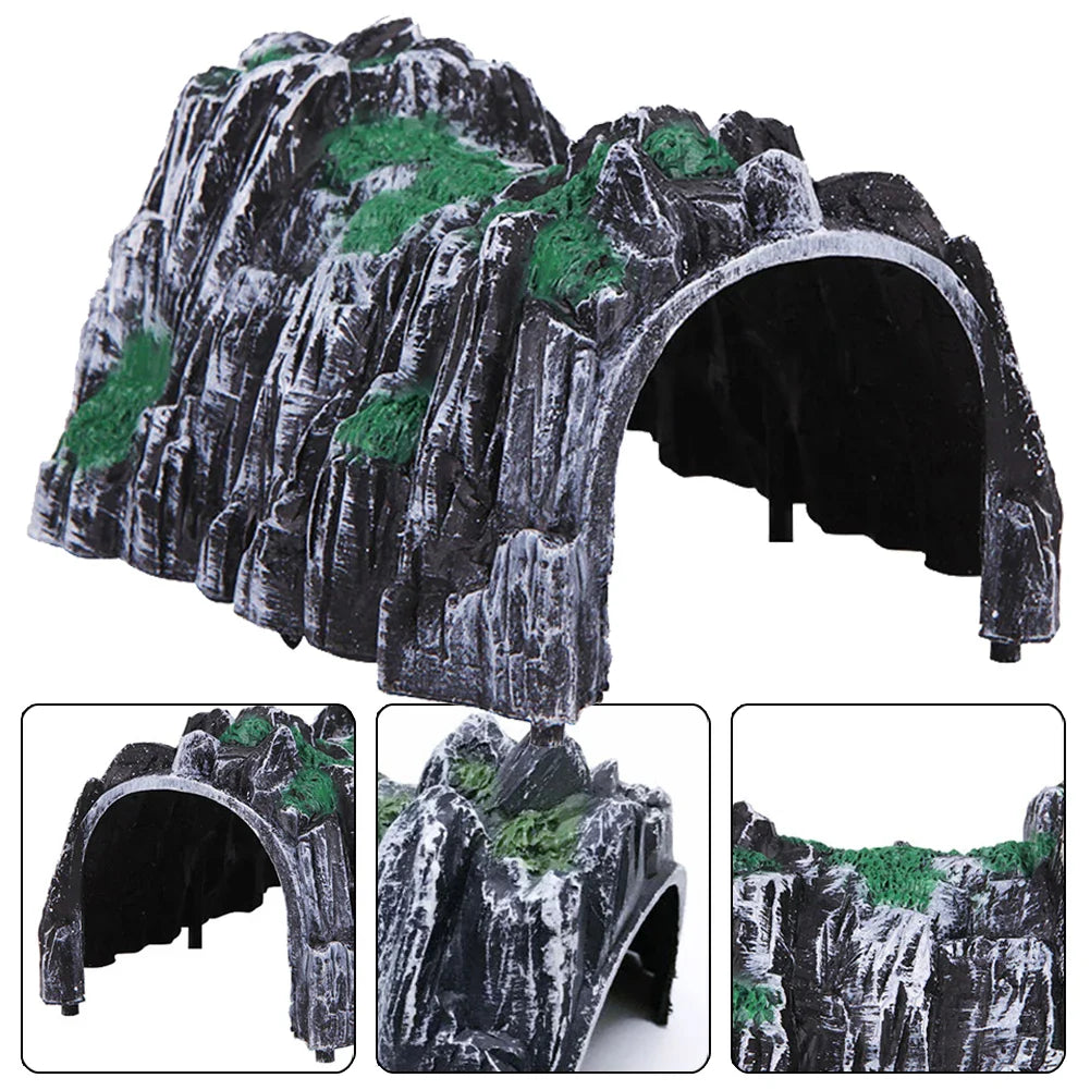 Black and green plastic mountain rock tunnel with faux moss accents for model railway scenery pre-painted and ready to use