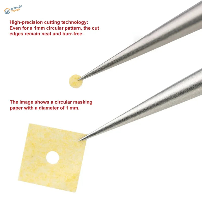 Hobby Mio pre-cut mask circles: pale yellow with 1mm hole in tweezers