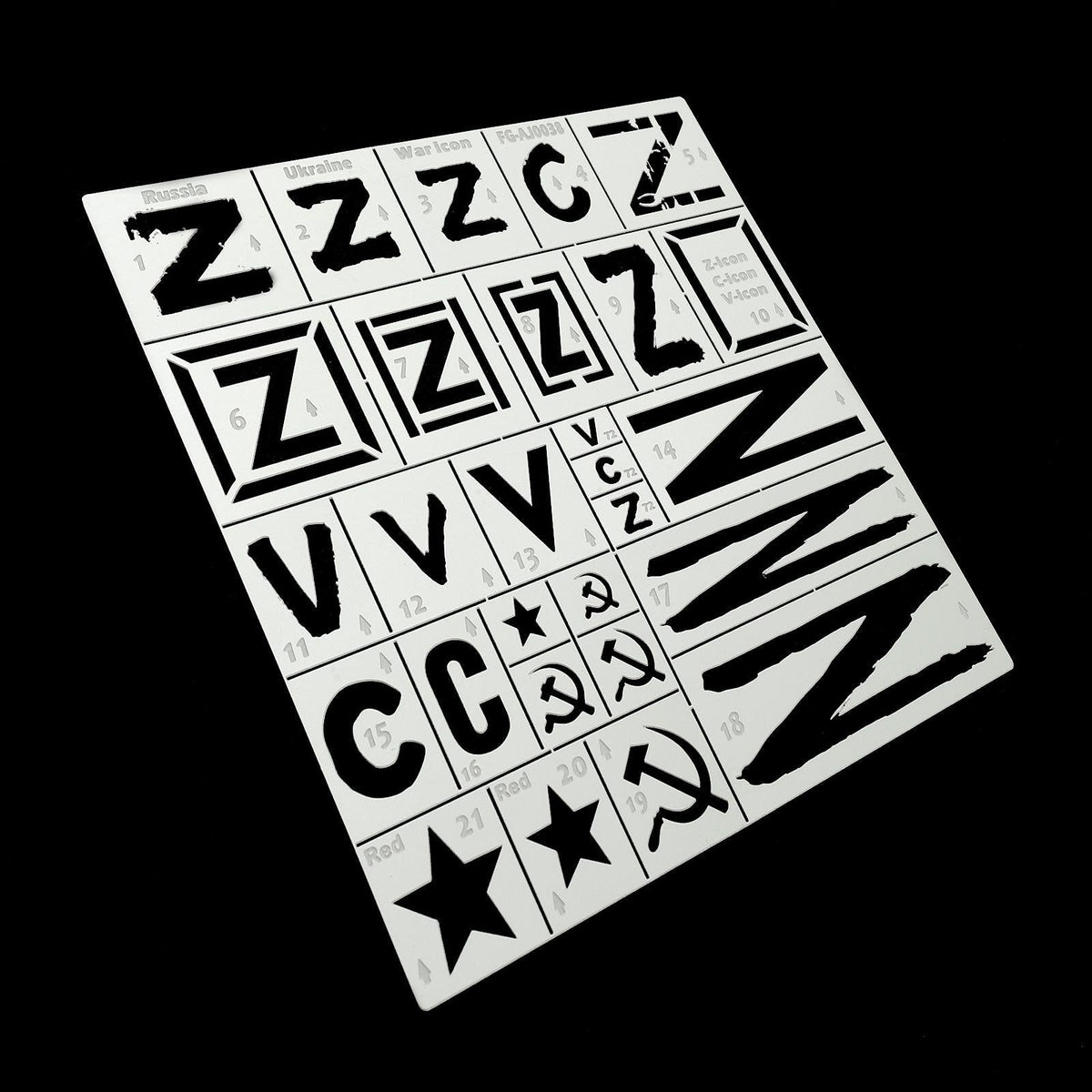 1/35 white plastic stencil with Russian invasion markings, Cyrillic, hammer-sickle