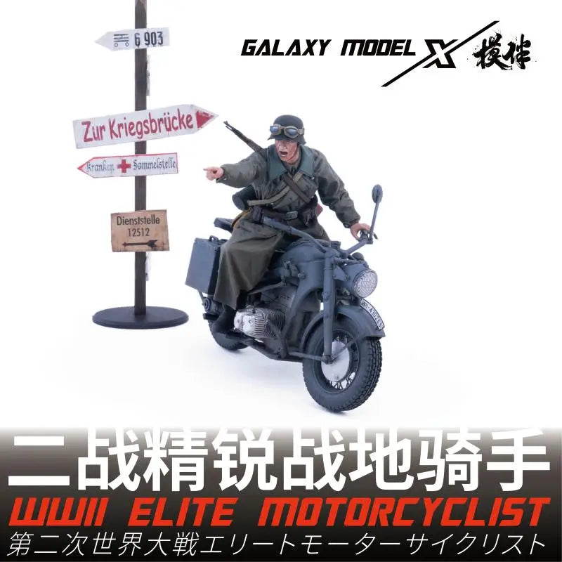 1/35 3D-printed WWII German motorcyclist figure on black olive-green motorcycle