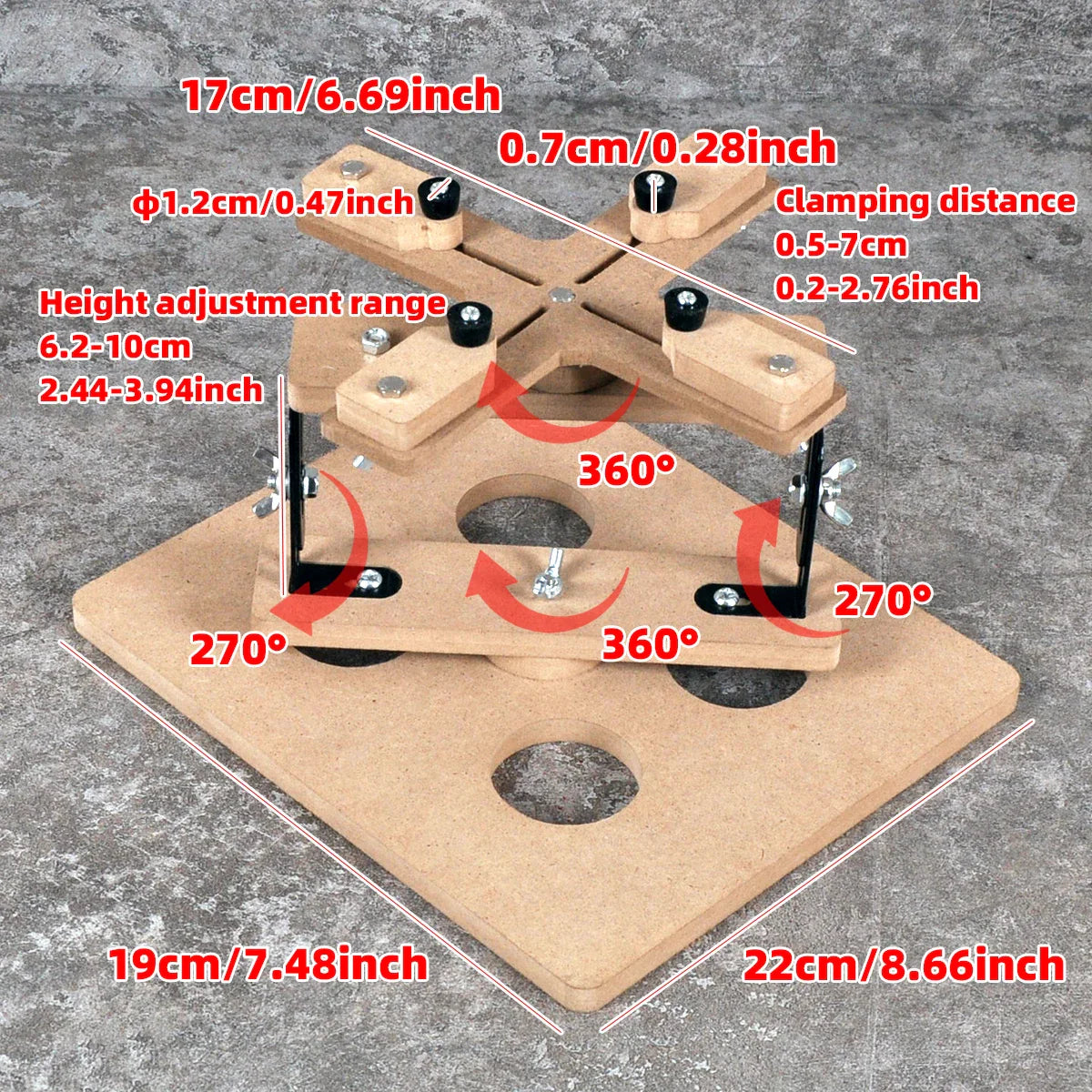 Adjustable wooden clamp with black metal parts and measurement markings in cormake universal clamp kit for model building tools
