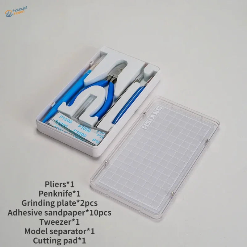 7pcs basic model building tool set featuring white and blue plastic-handled pliers with metallic jaws in acrylic case