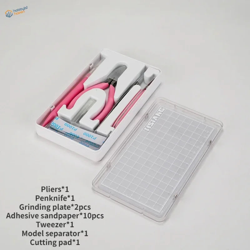 White plastic 7pcs basic model building tool set with pink-handled pliers penknife and precision hobby tools