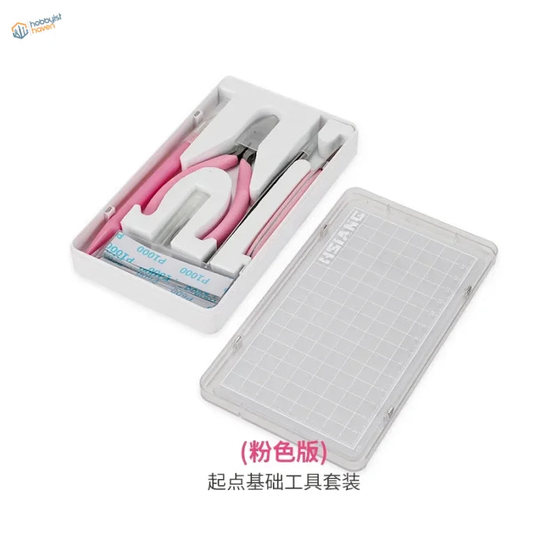 7pcs basic model building tool set with pink-handled jewelry-making pliers in clear plastic case for precision hobby tools