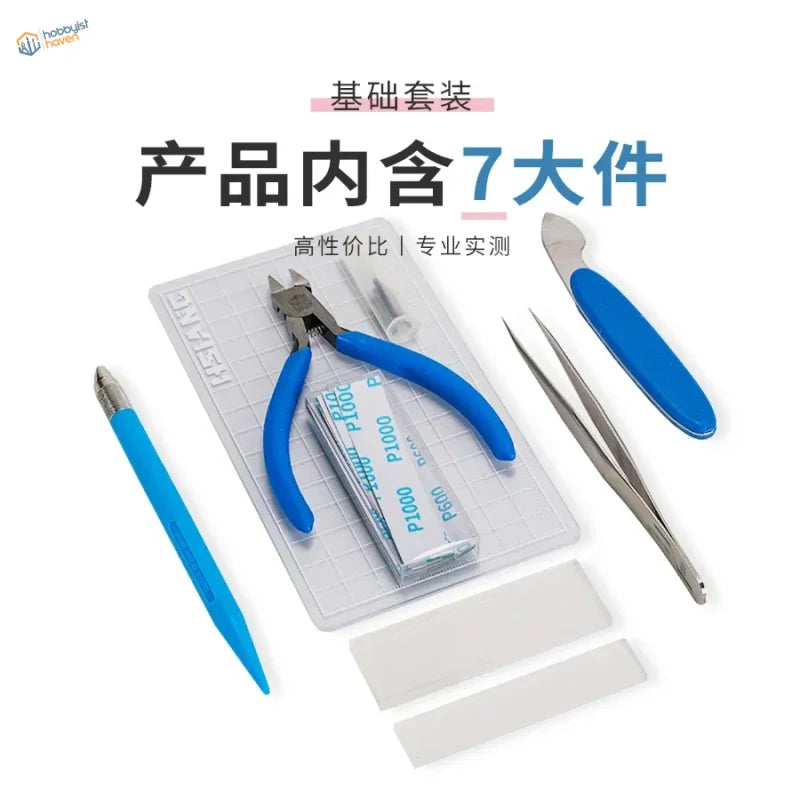 Blue-handled precision cutting pliers with metallic jaws in a clear case of 7pcs basic model building tool set for scale modeling tools