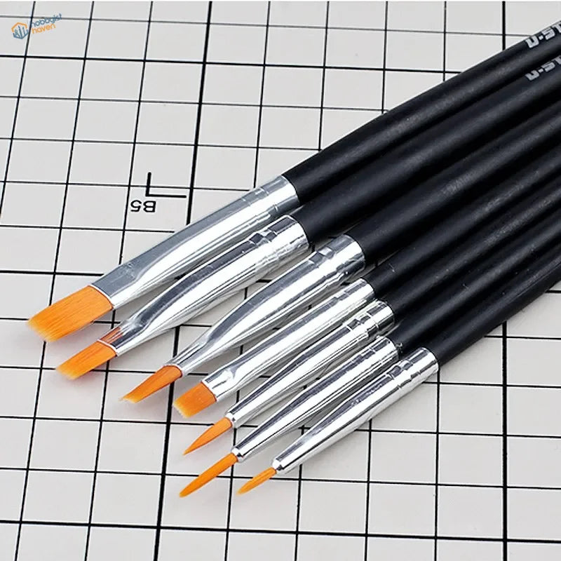 7pcs scale modeling brushes with black handles, silver ferrules, orange bristles