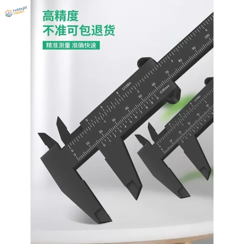Black 150mm plastic caliper with precision markings and sleek design