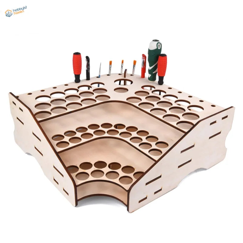81 holes workbench organizer for scale modeling tools, light wood curved design