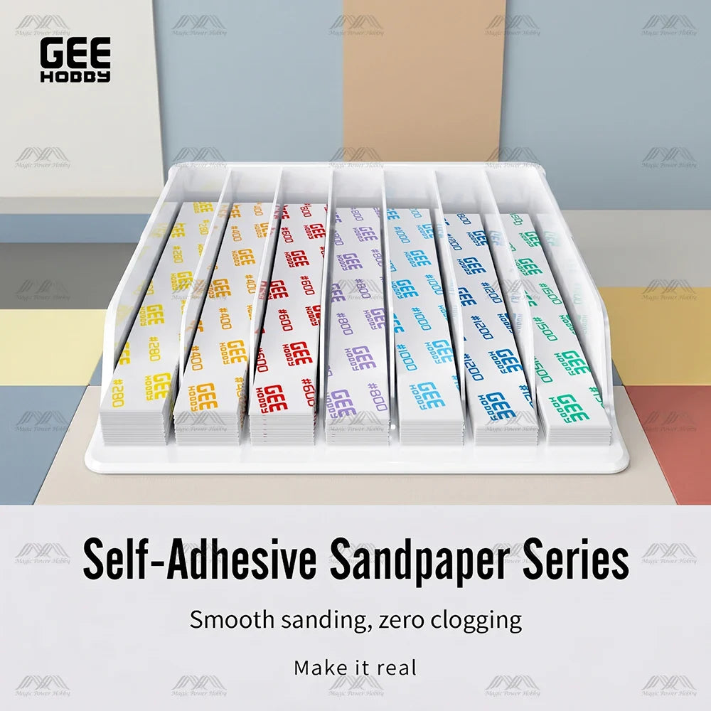 GeeHobby self-adhesive white sandpaper strips with colorful branding grits x 20pcs in a white tray for sanding sticks bonus toy kit