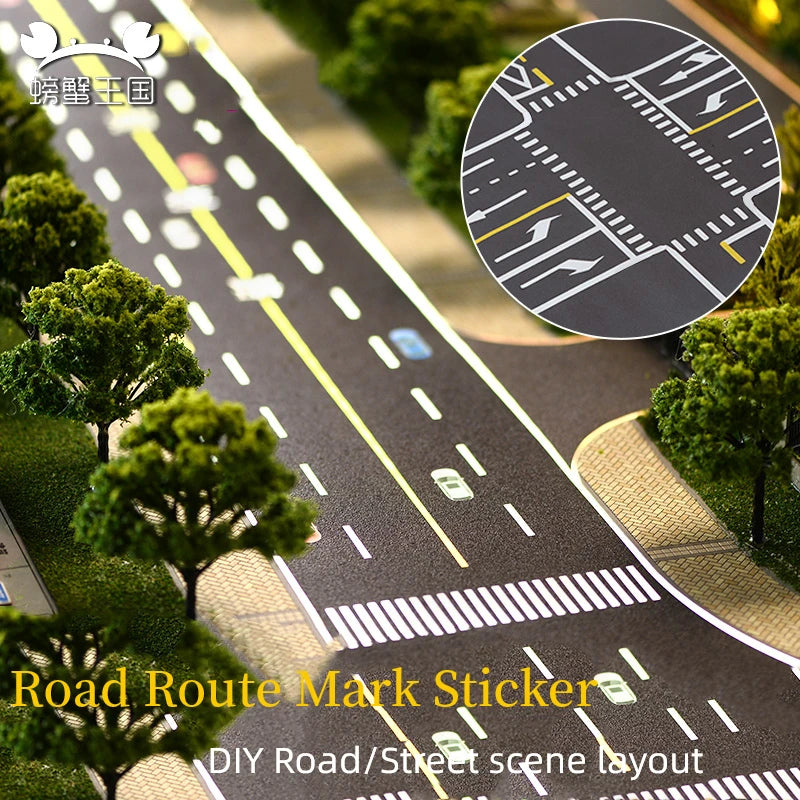 Road marking sticker layout with lane lines, crossings and trees