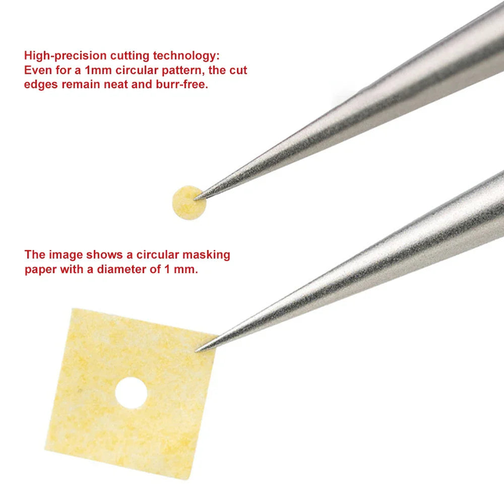 Hobby Mio pre-cut mask circles: pale yellow with 1mm hole in tweezers