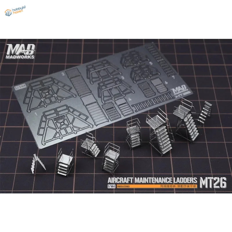 Silver metallic Mad Works MT26 aircraft maintenance ladders, 8pcs 1/144 set