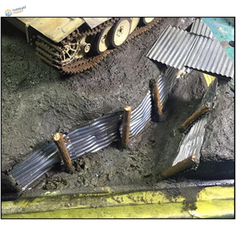 Realistic corrugated metal sheets on wooden posts fence, 8pcs 45x37mm