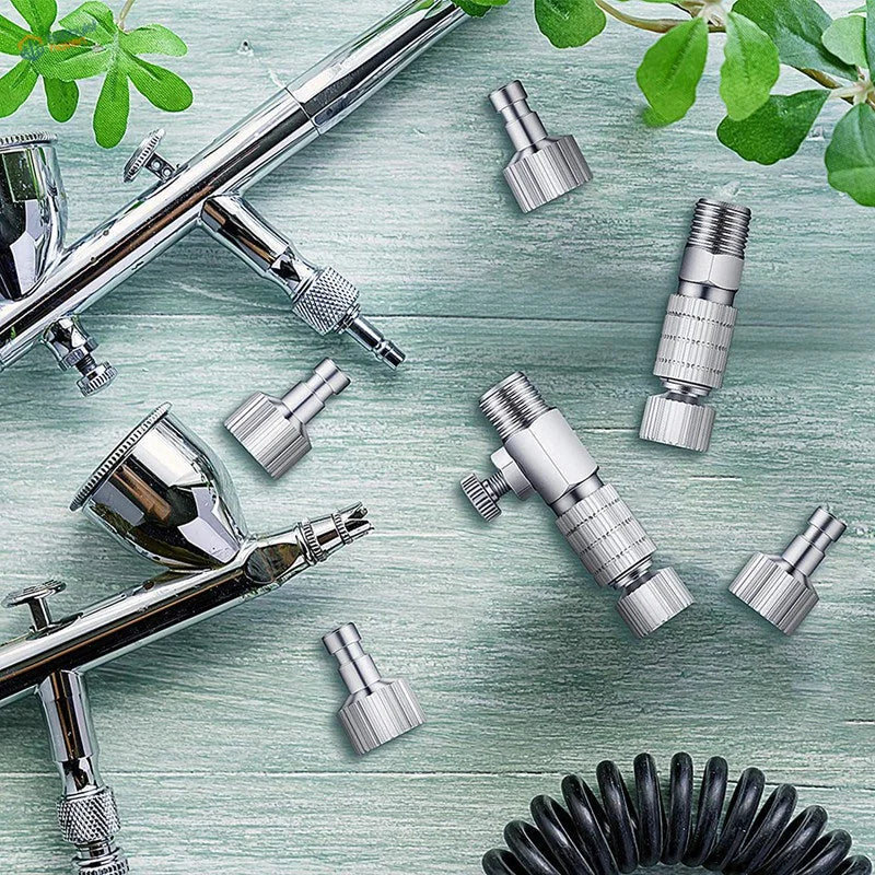 Shiny chrome 8pcs airbrush adapters set with quick disconnect nozzles