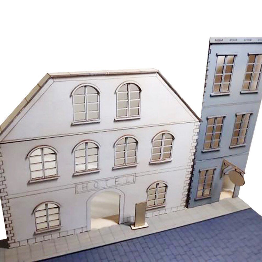1/35 European street facades: white light blue hotel model with arches bricks