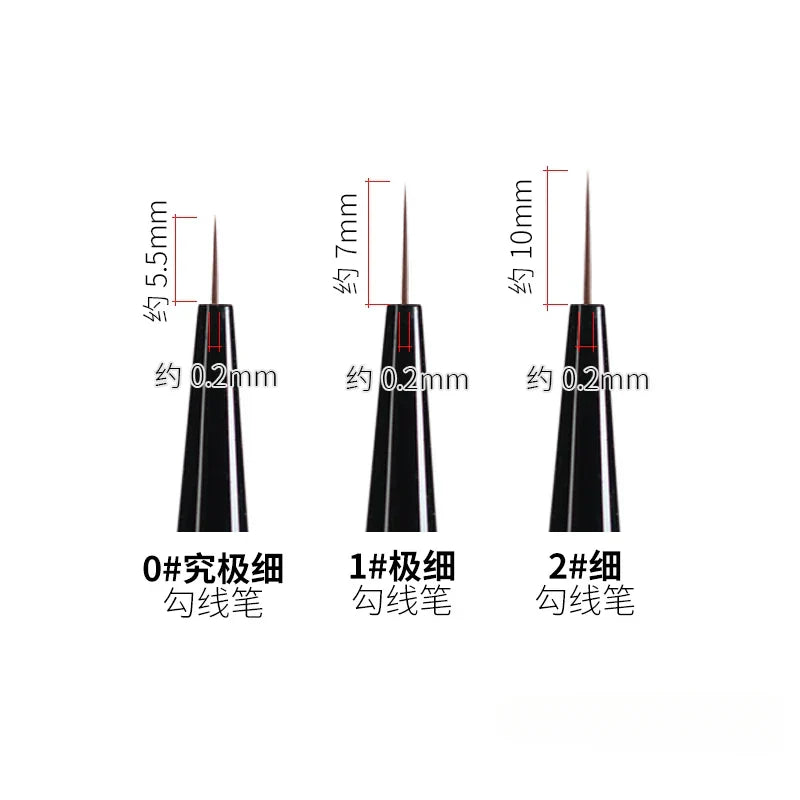 Ray Studio ultra-fine liner brushes sizes 0#, 1# and 2# with black handles and fine pointed tips