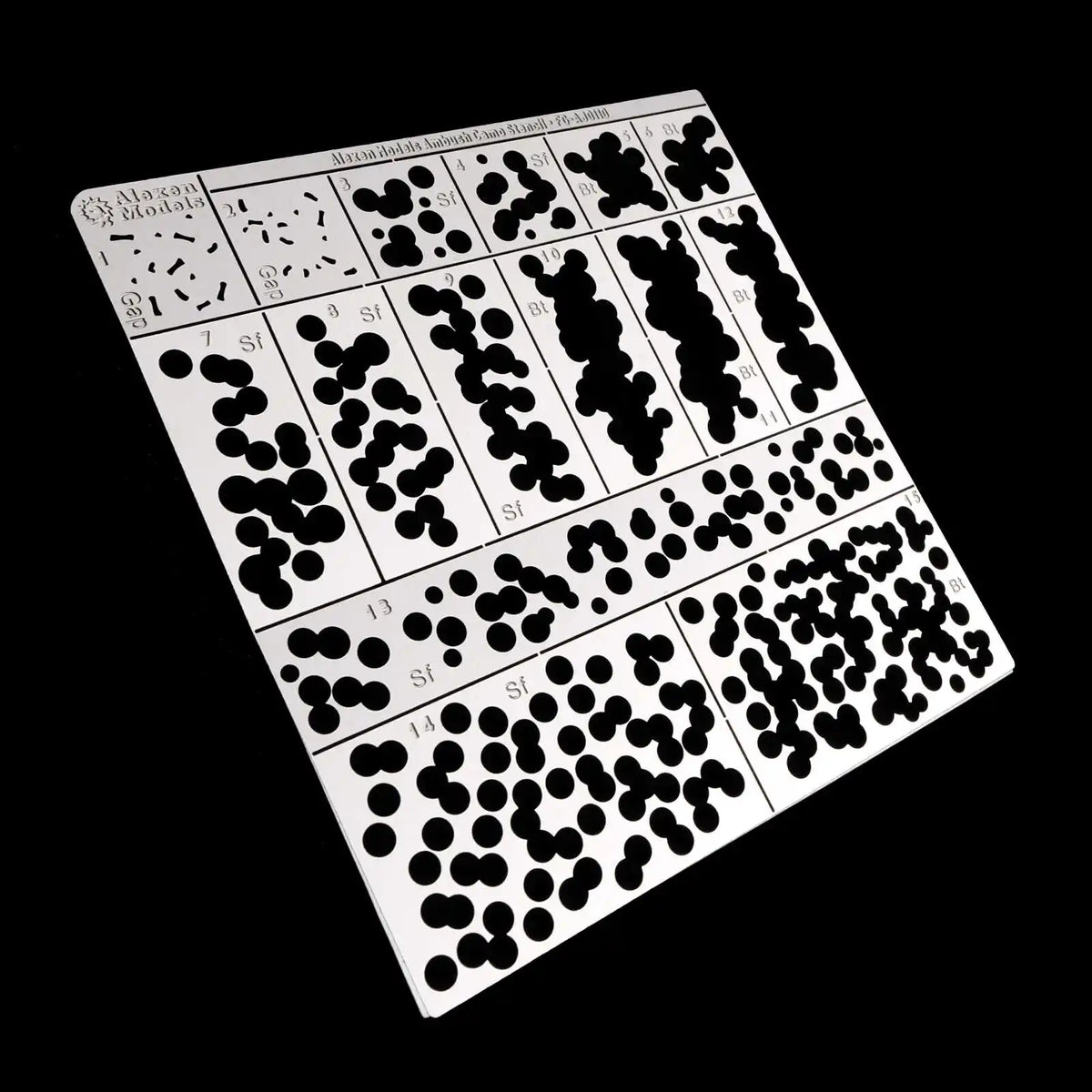 1/72 stencil for WWII German ambush camouflage with white rectangular design and black dot patterns