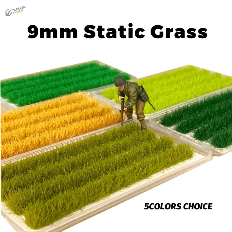9mm static grass strips in 5 vibrant colors, arranged in clear trays