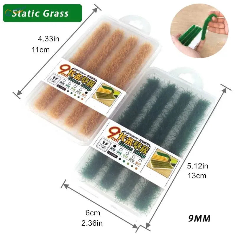 9mm static grass strips in green tan brush sets, clear packaging
