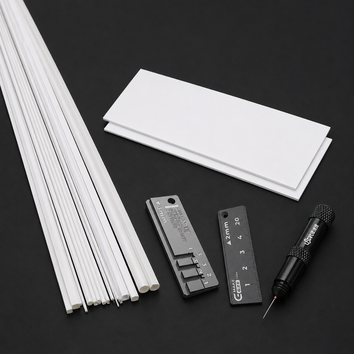 Black metal tool with textured grip and fine needle tip for precise use with 48pcs styrene round and square rods scale modeling