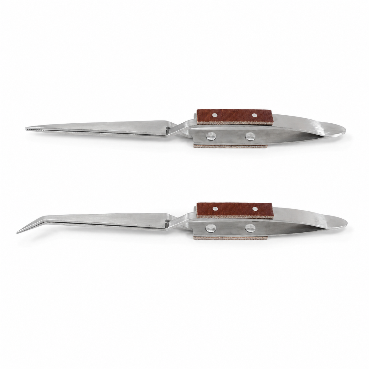 A pair of reverse tweezers with stainless steel tips, brown leather handles, and a sleek metallic finish for precision use