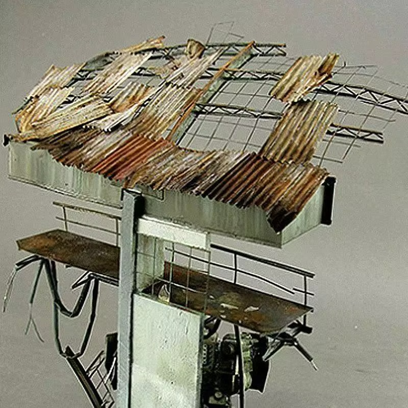 Rusty corrugated metal sheets with exposed wire mesh framework, 100x150mm