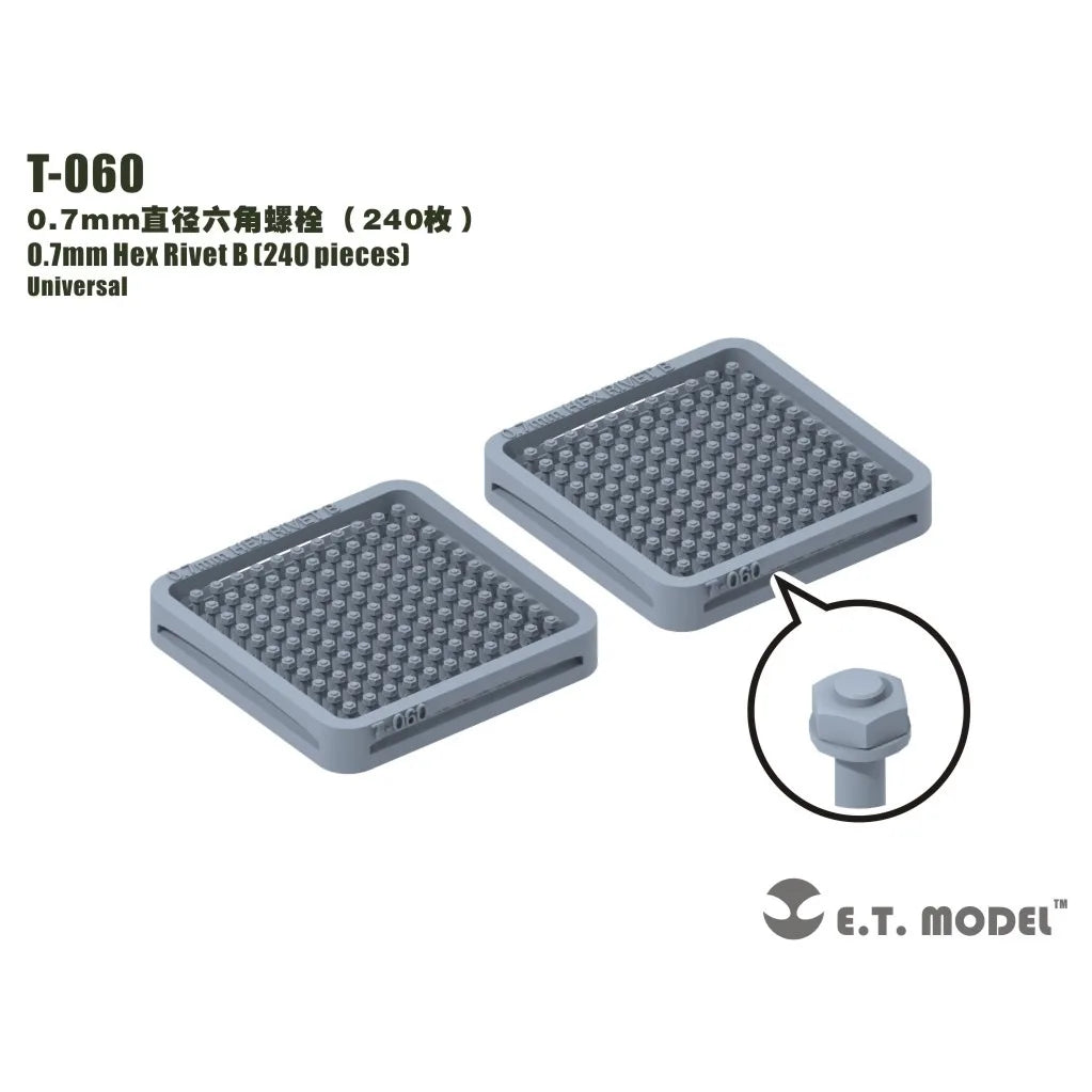 240 gray plastic trays of 0.7mm 3D-printed hexagonal rivets model T-060 by E.T