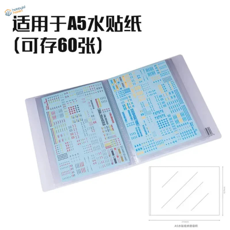 Clear A5 decal storage book holds 60 decal sheets