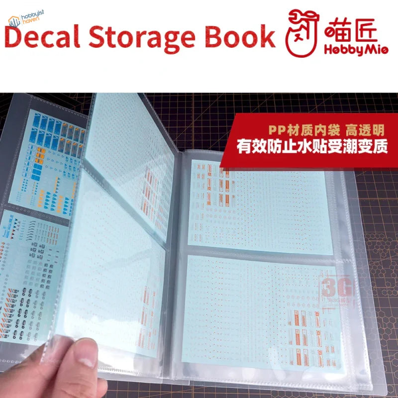 A5/A6 decal storage book with clear PP pockets holding decal sheets