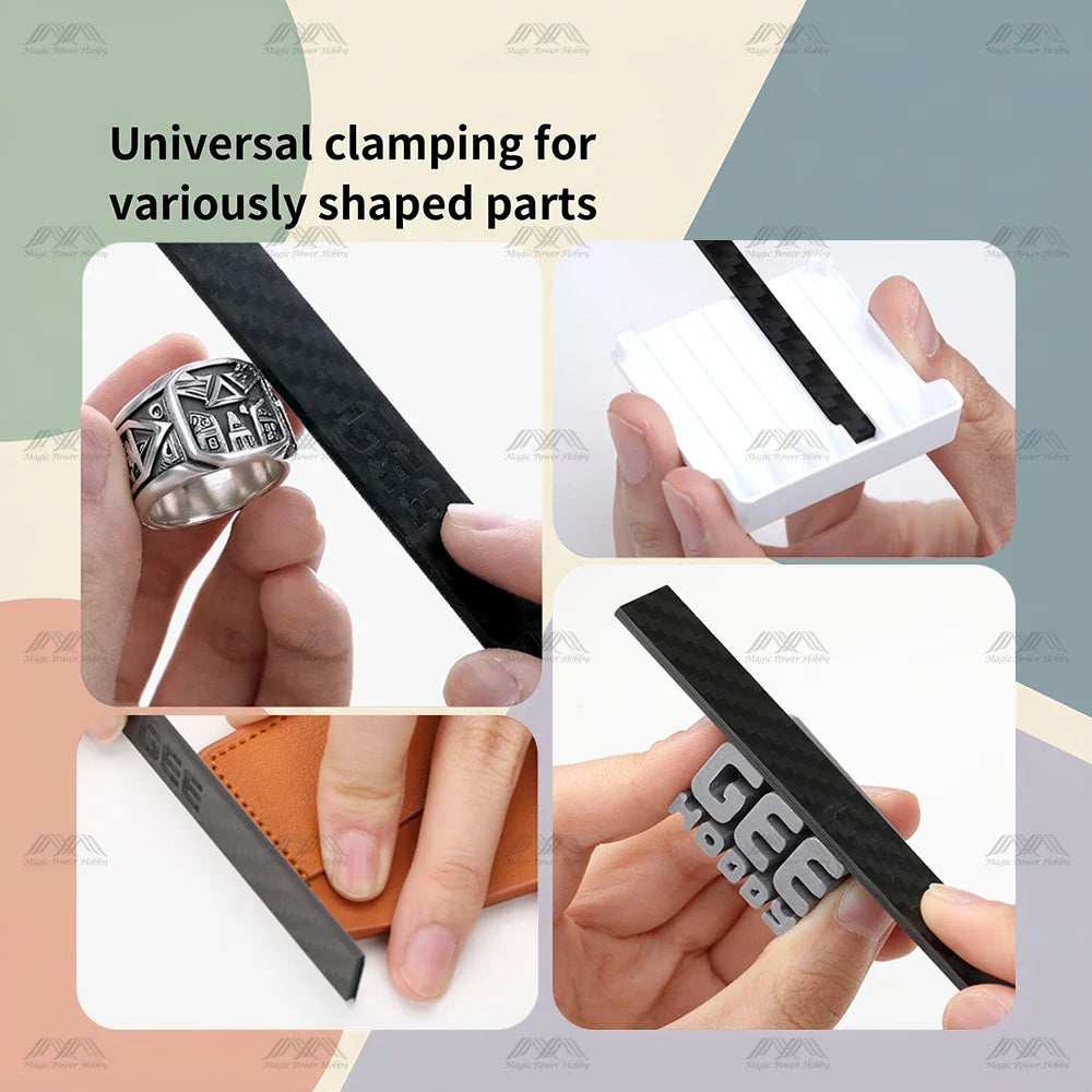 Black carbon fiber clamping tool with textured surface and precise edges for gripping parts in gee hobby sanding sticks grits x 20pcs bonus toy kit