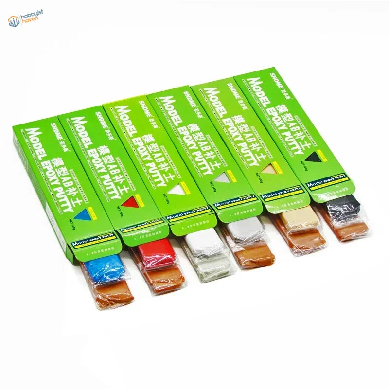 Green-packaged ab epoxy putty in red blue white beige and black for scale modeling tools and scale models