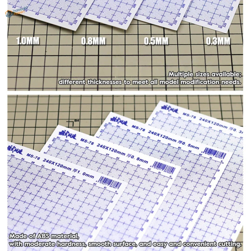 White abs plastic modeling sheets with blue grid markings and measurement lines for precise model modification