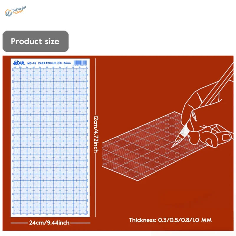 Clear acrylic abs modeling sheet with blue grid markings and measurement lines for precise cutting and crafting tasks